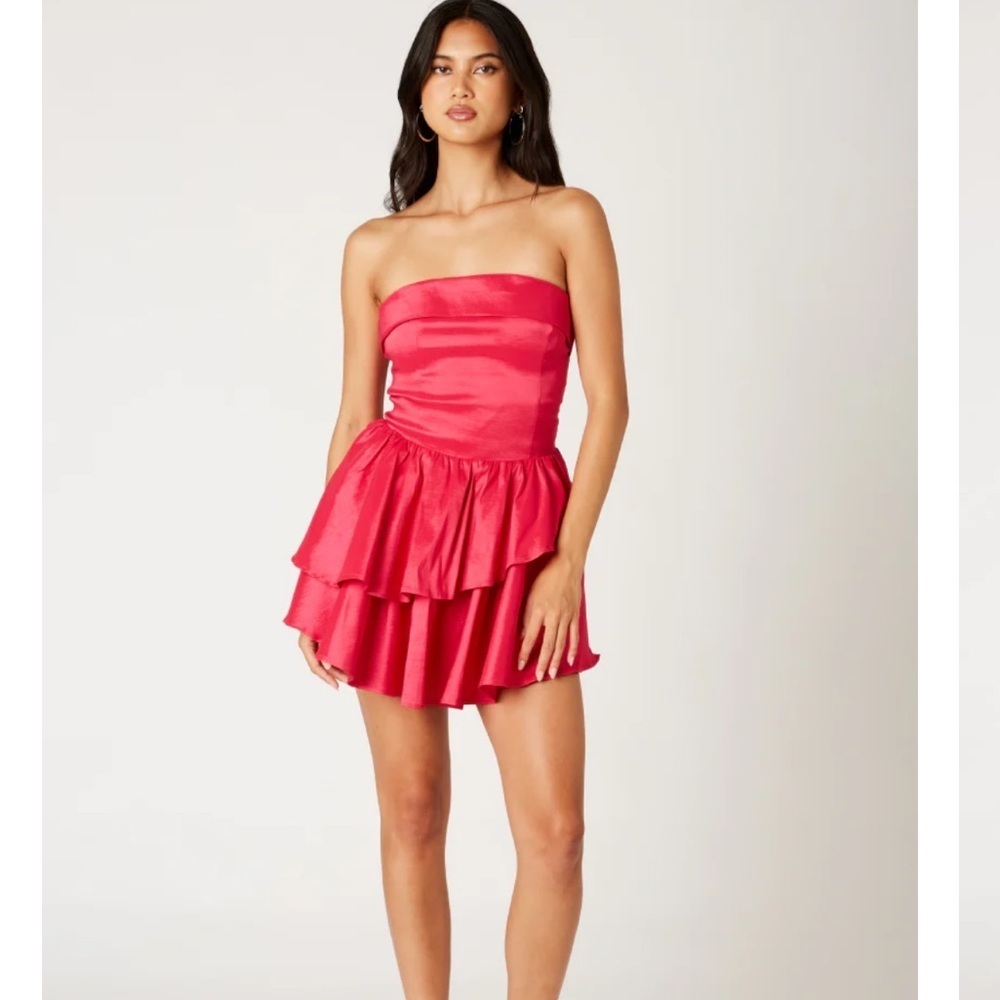 Cotton Candy Taffeta Mini Flounce Strapless Fuchsia Dress